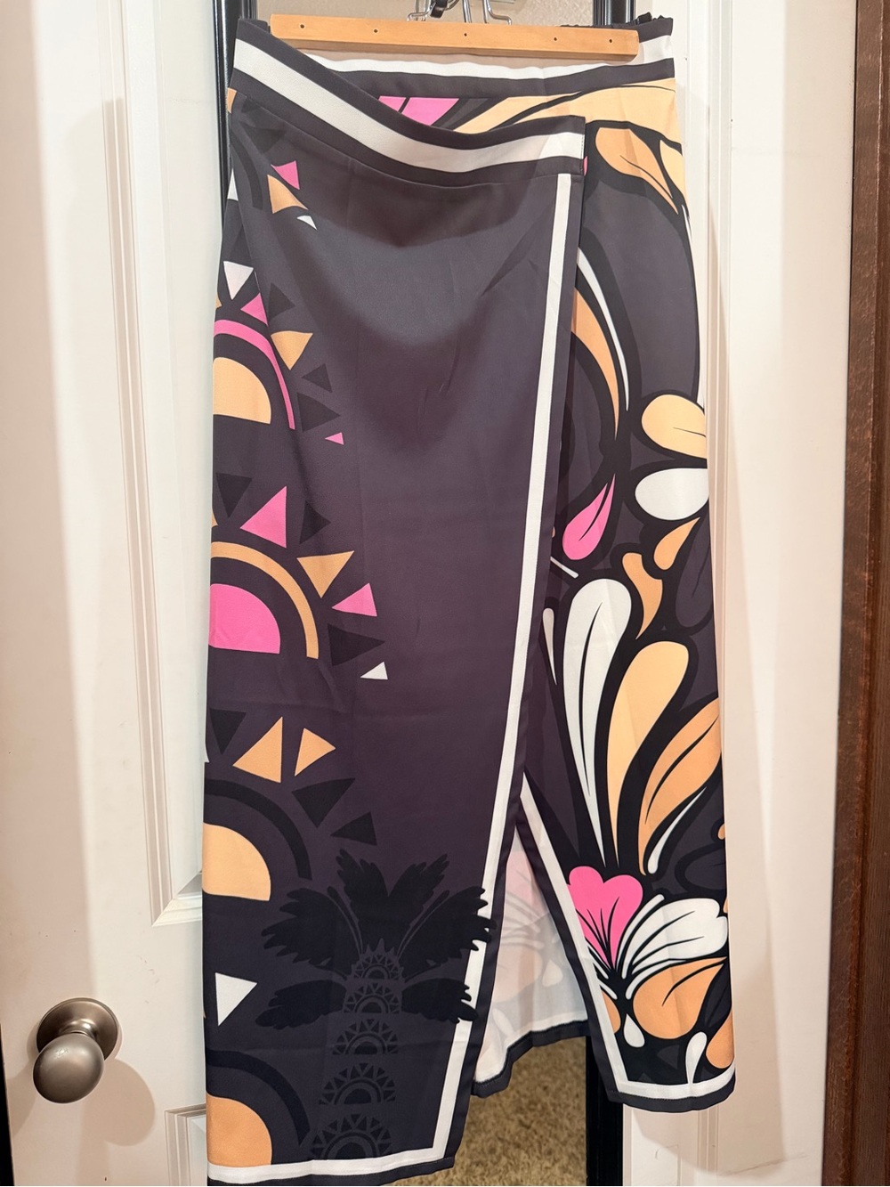 Printed Midi Skirt in Black, Pink & Cream